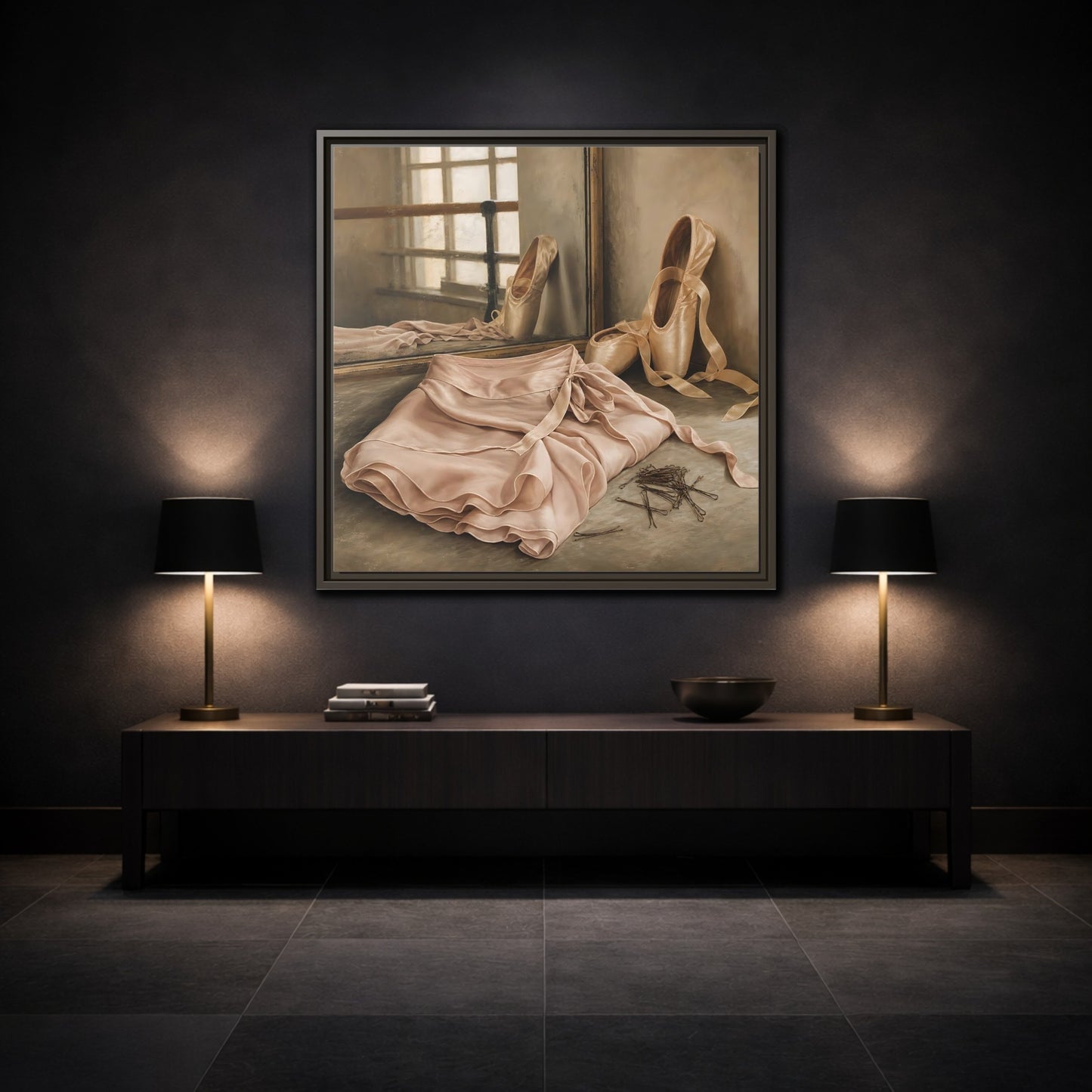 Mockup 3. Pointe Shoes And Tutu shown as framed canvas print