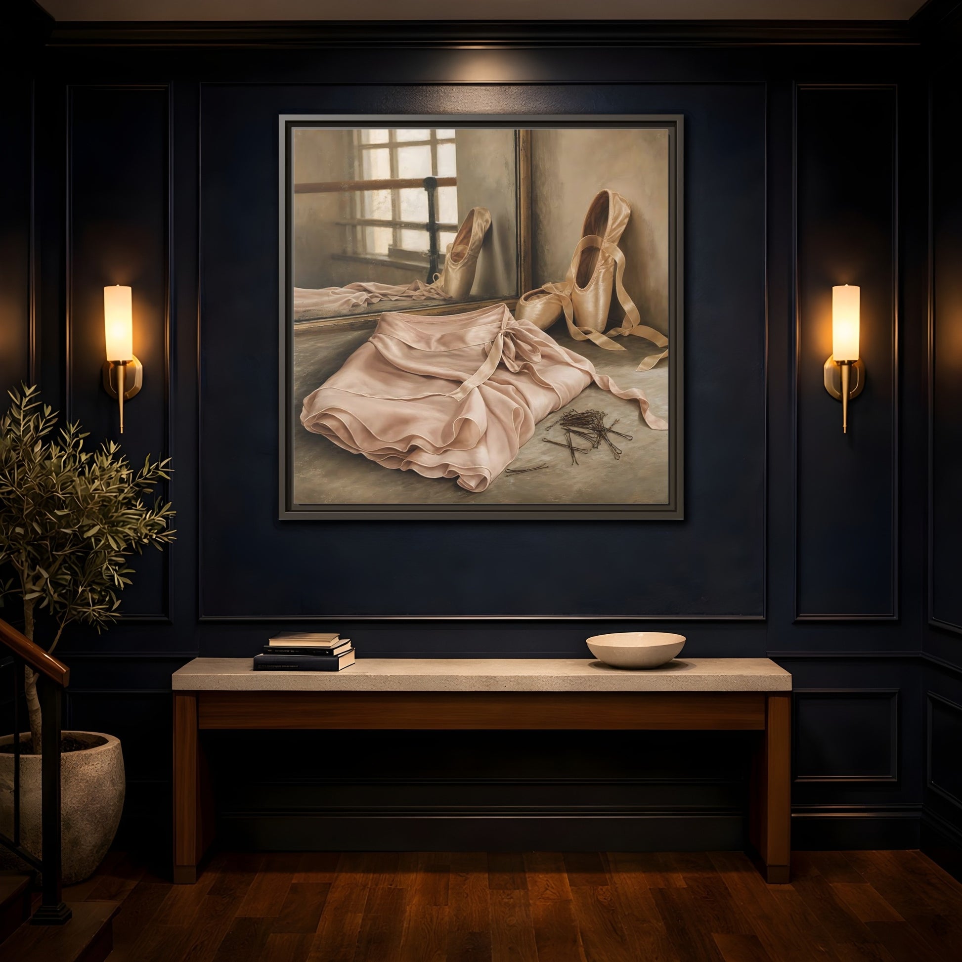Mockup 4. Pointe Shoes And Tutu shown as framed canvas print