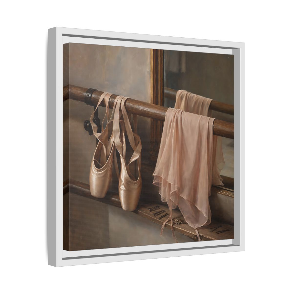 Side Mockup 28. Pointe Shoes At The Barre shown as framed canvas print