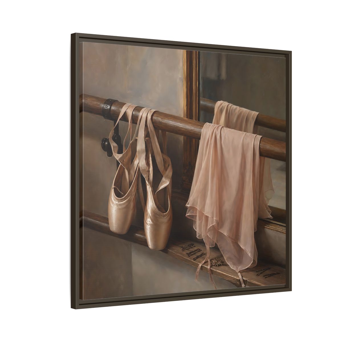 Side Mockup 8. Pointe Shoes At The Barre shown as framed canvas print