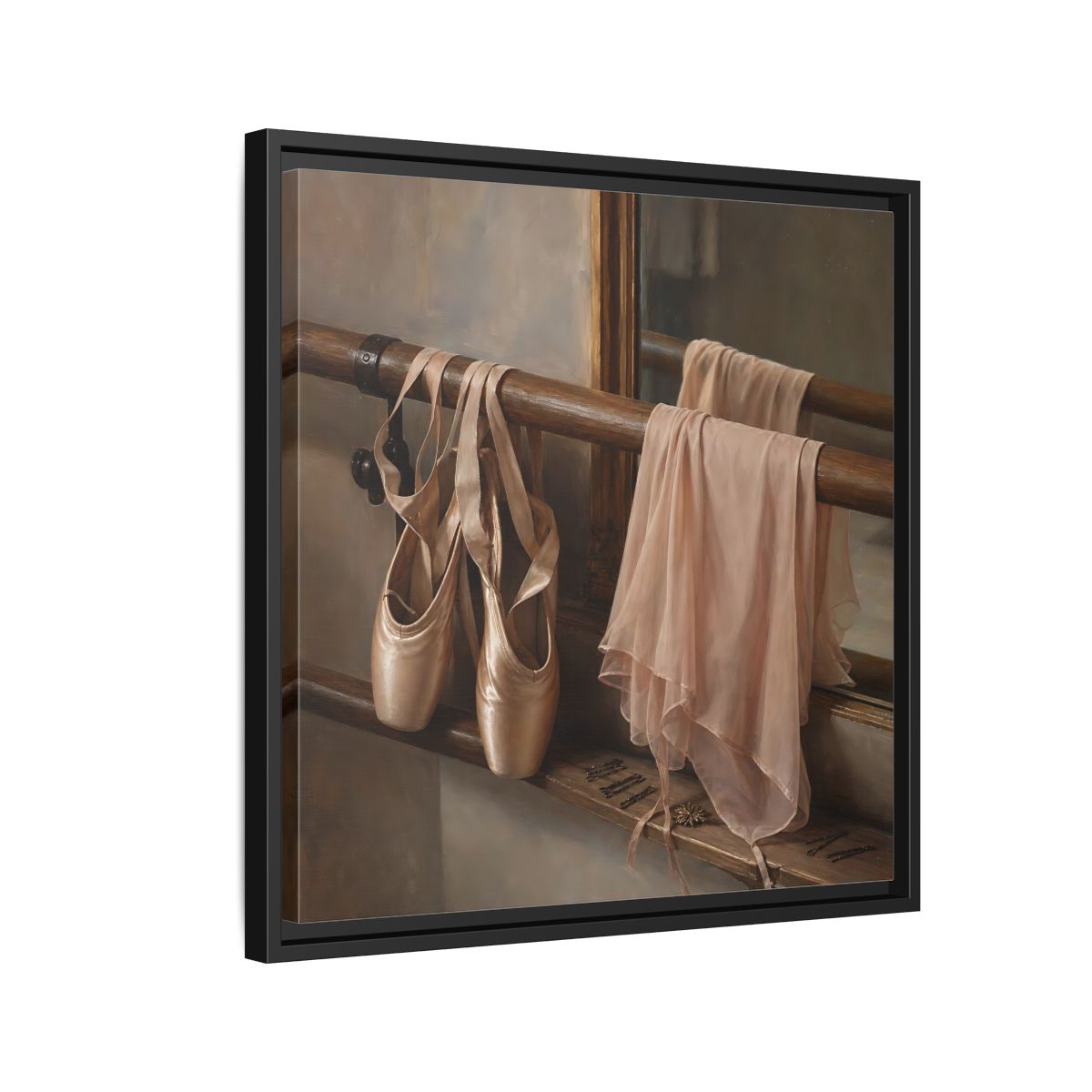 Side Mockup 12. Pointe Shoes At The Barre shown as framed canvas print