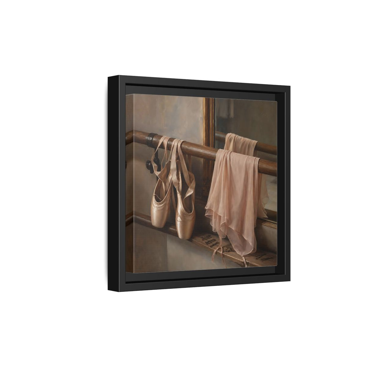 Side Mockup 21. Pointe Shoes At The Barre shown as framed canvas print