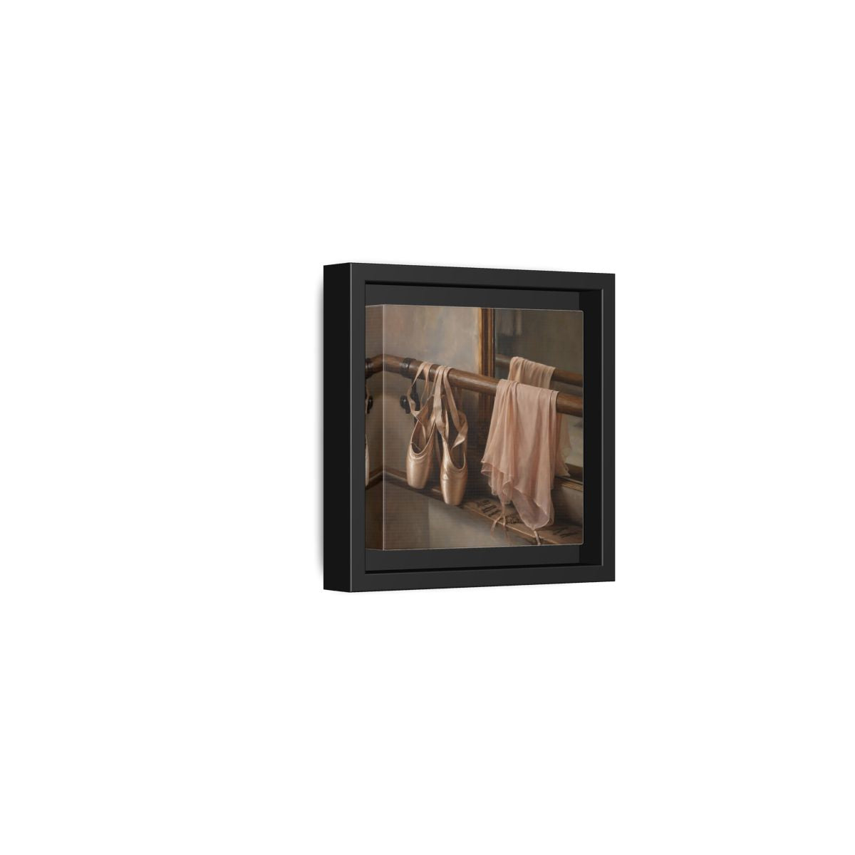 Side Mockup 24. Pointe Shoes At The Barre shown as framed canvas print