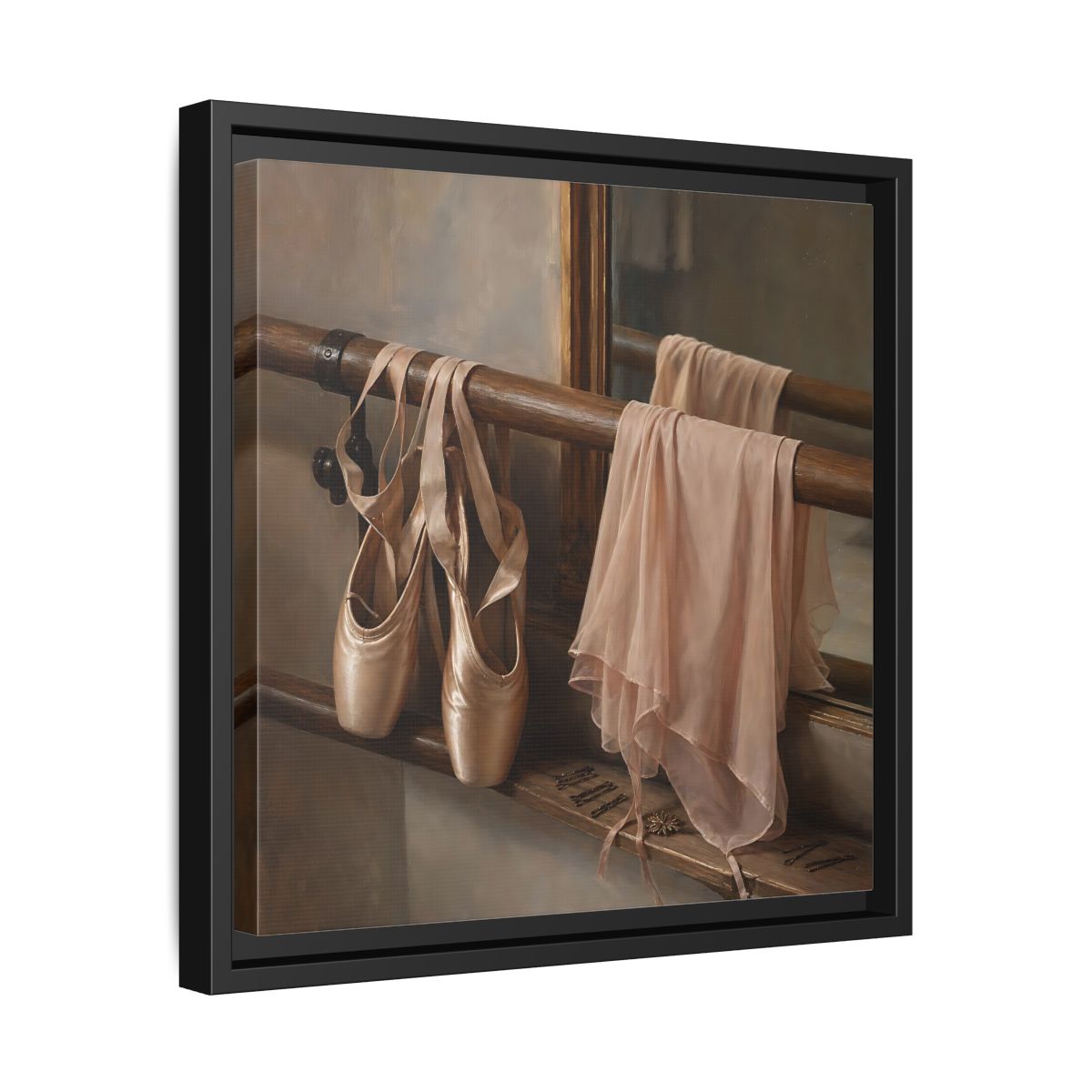 Side Mockup 32. Pointe Shoes At The Barre shown as framed canvas print