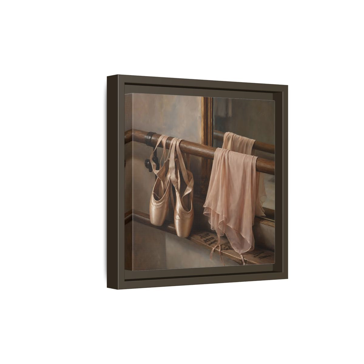 Side Mockup 20. Pointe Shoes At The Barre shown as framed canvas print