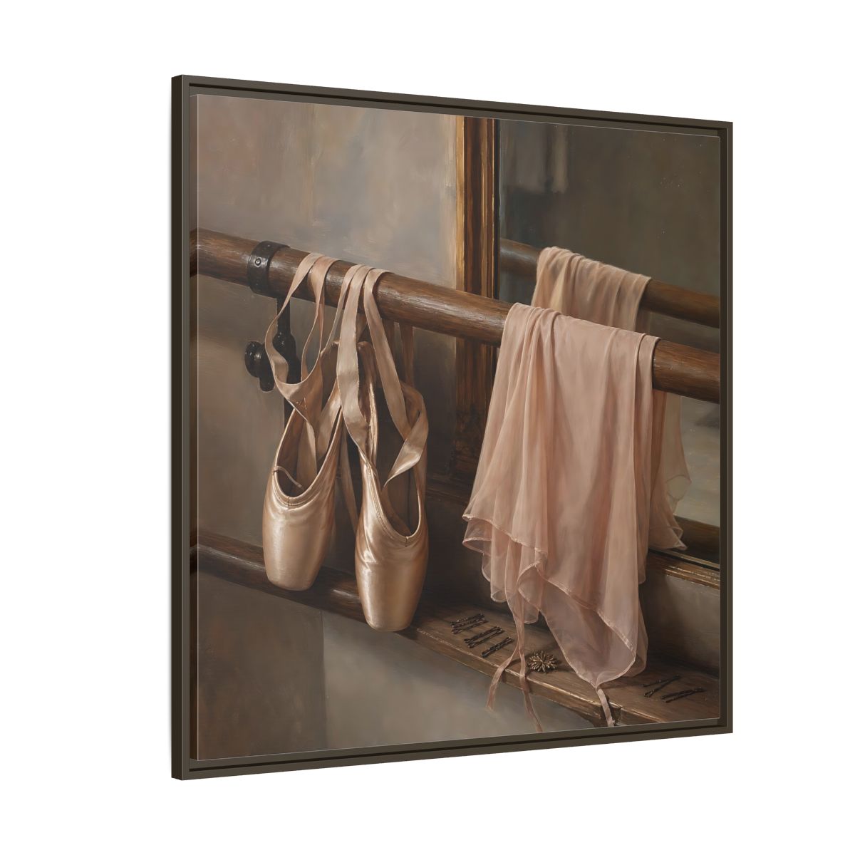 Side Mockup 5. Pointe Shoes At The Barre shown as framed canvas print