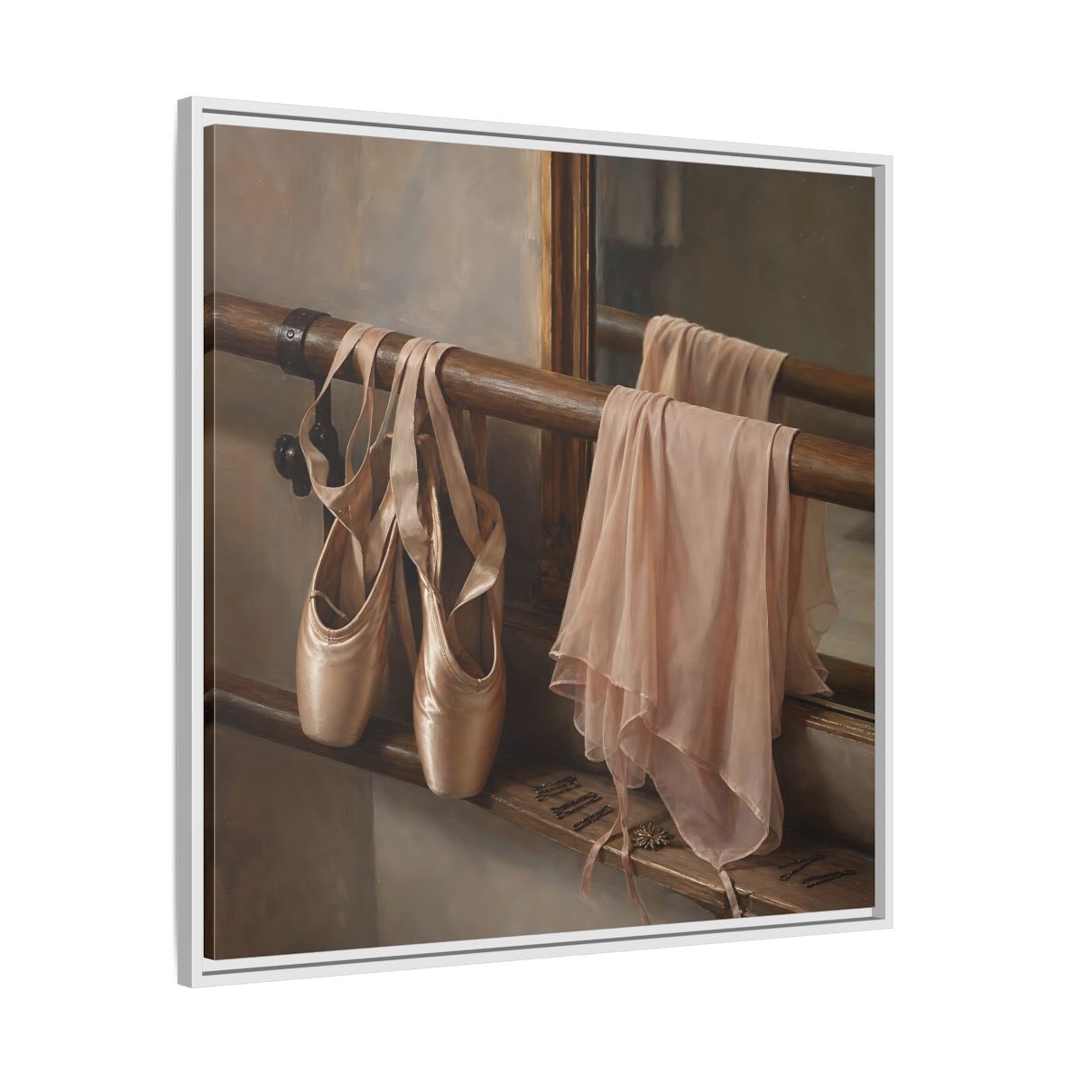 Side Mockup 25. Pointe Shoes At The Barre shown as framed canvas print
