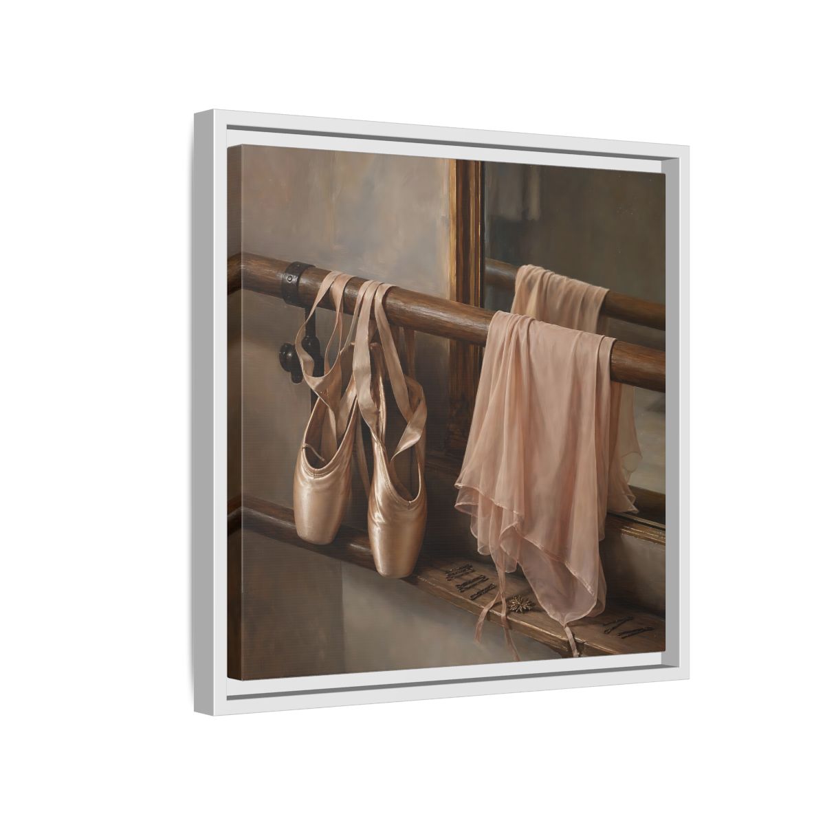 Side Mockup 13. Pointe Shoes At The Barre shown as framed canvas print