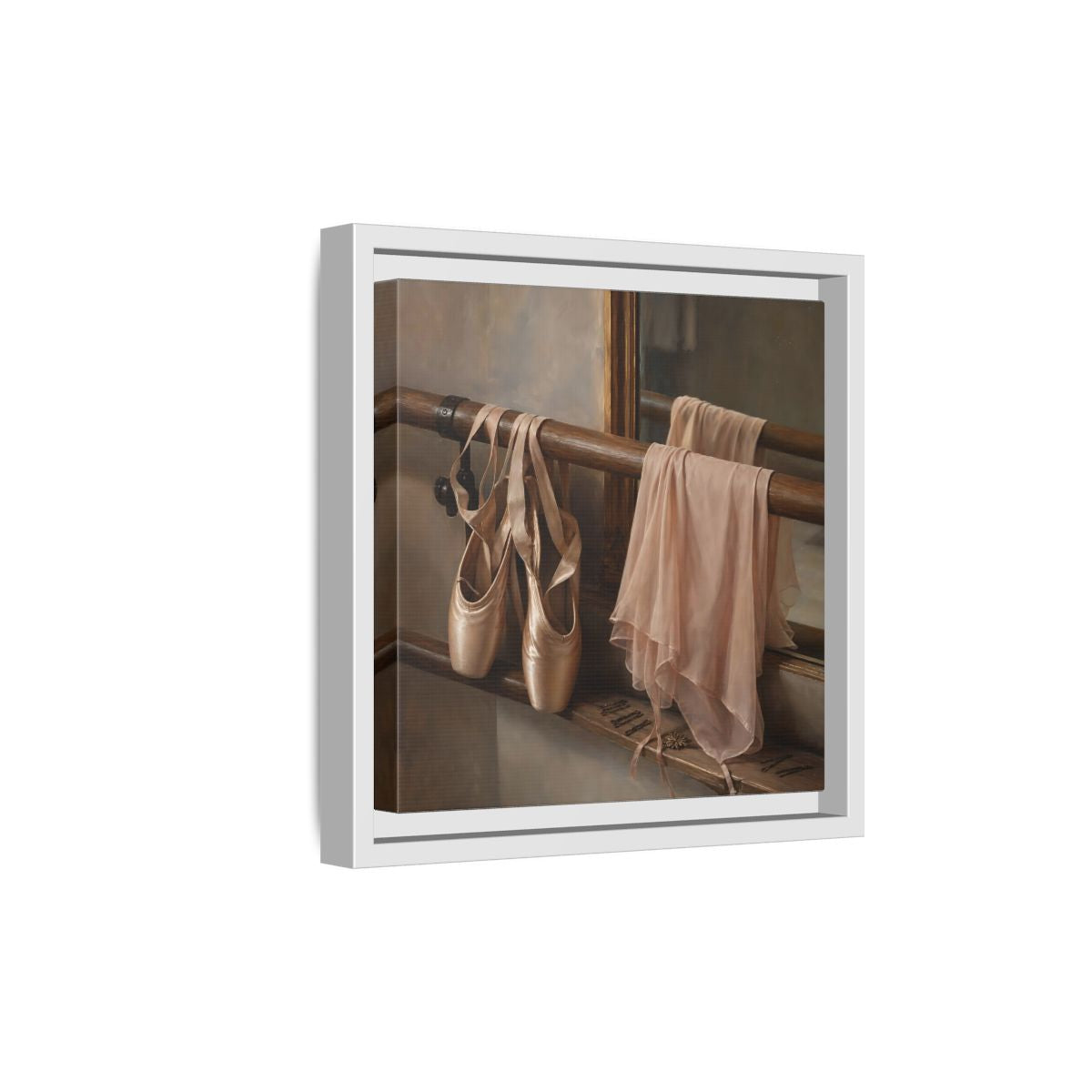 Side Mockup 19. Pointe Shoes At The Barre shown as framed canvas print