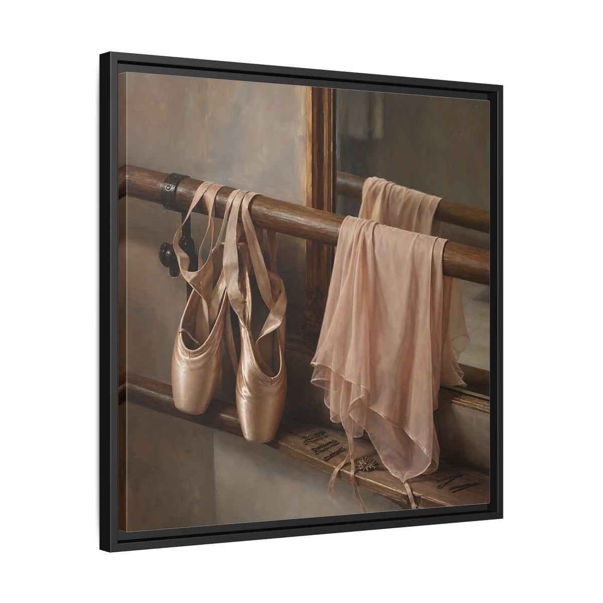 Side Mockup 31. Pointe Shoes At The Barre shown as framed canvas print