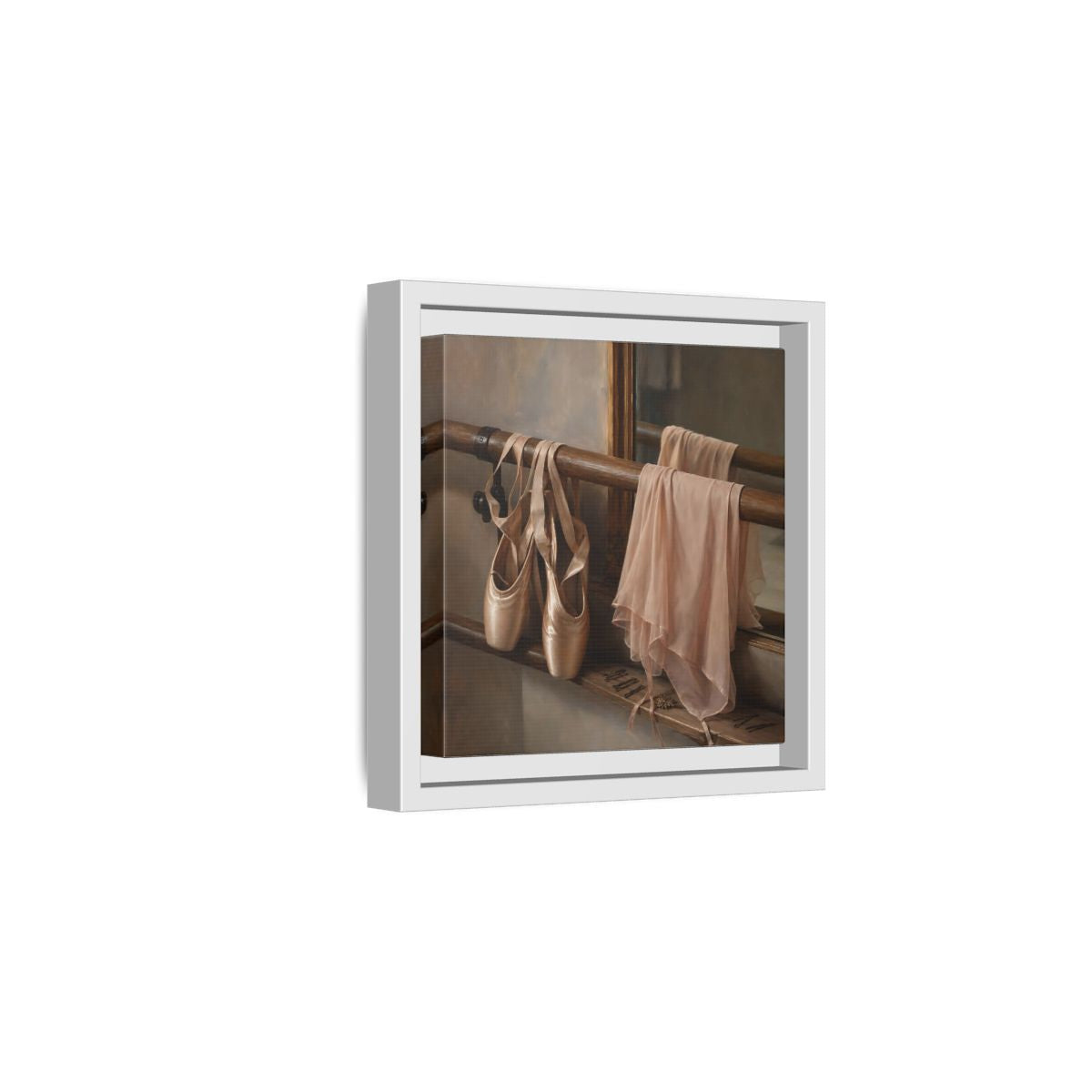 Side Mockup 1. Pointe Shoes At The Barre shown as framed canvas print