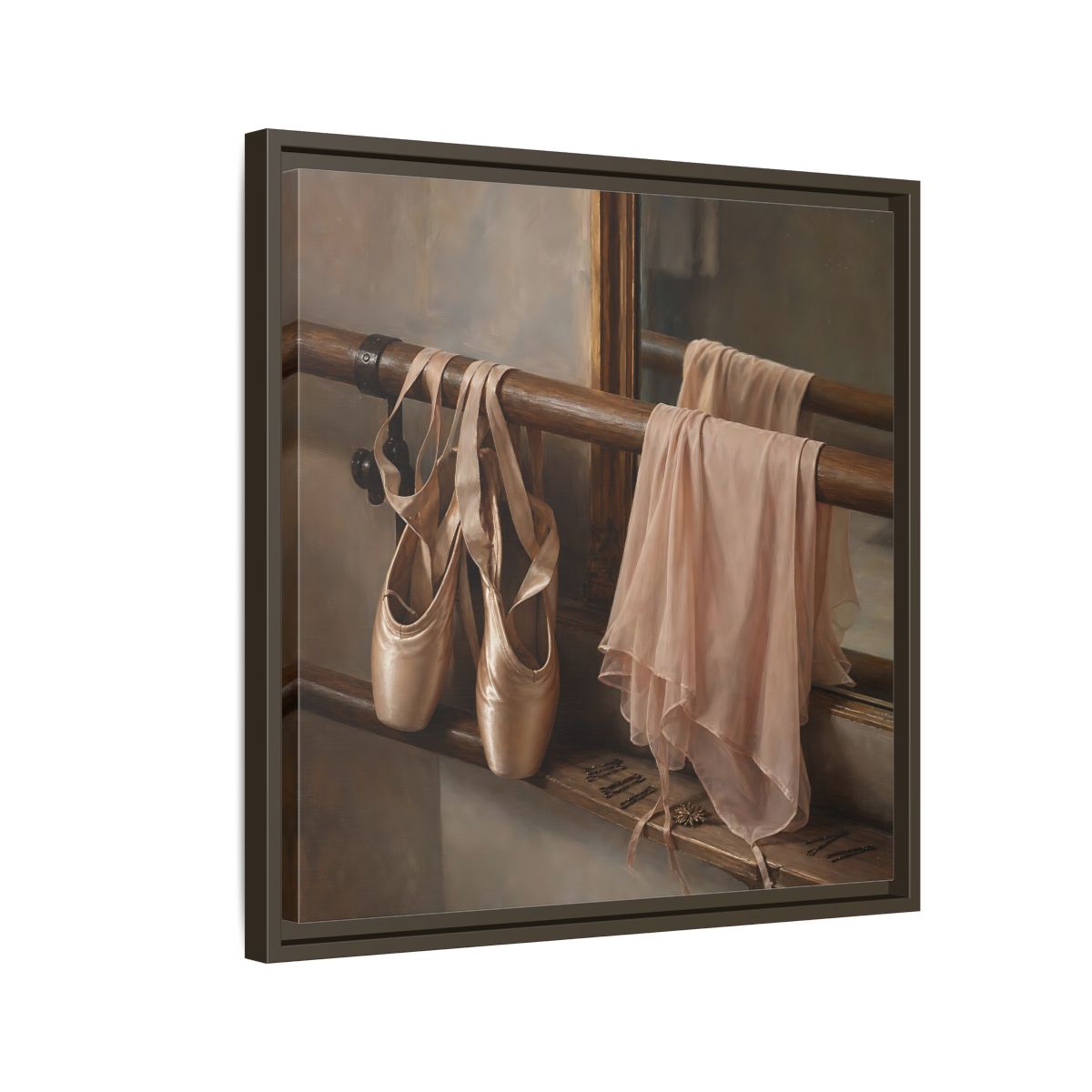 Side Mockup 11. Pointe Shoes At The Barre shown as framed canvas print