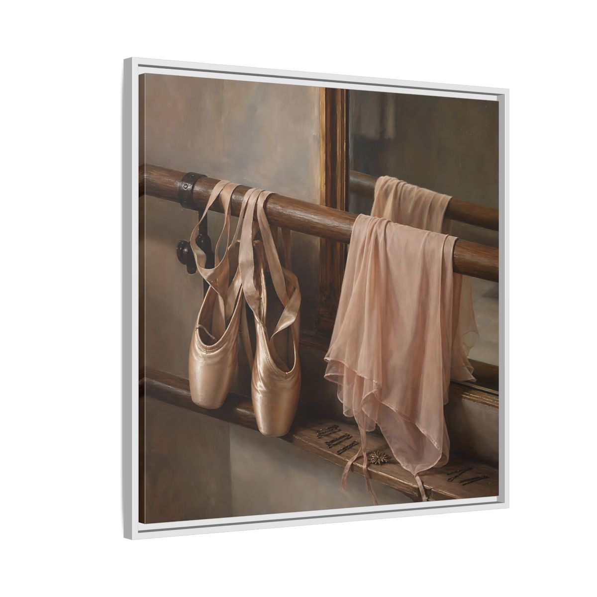 Side Mockup 7. Pointe Shoes At The Barre shown as framed canvas print