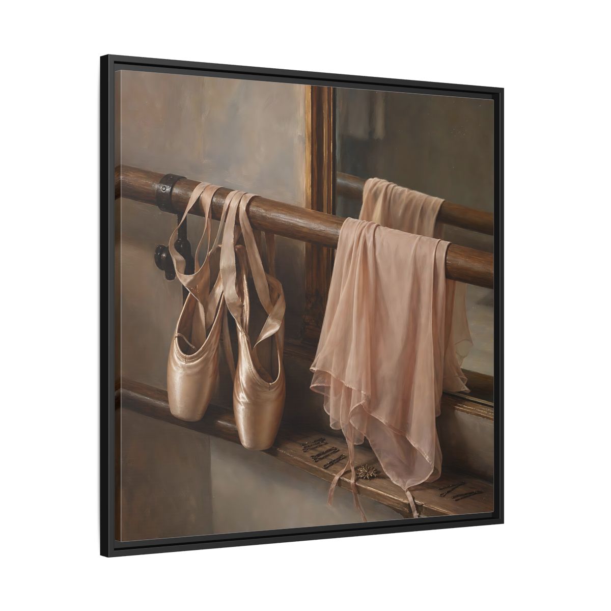 Side Mockup 30. Pointe Shoes At The Barre shown as framed canvas print