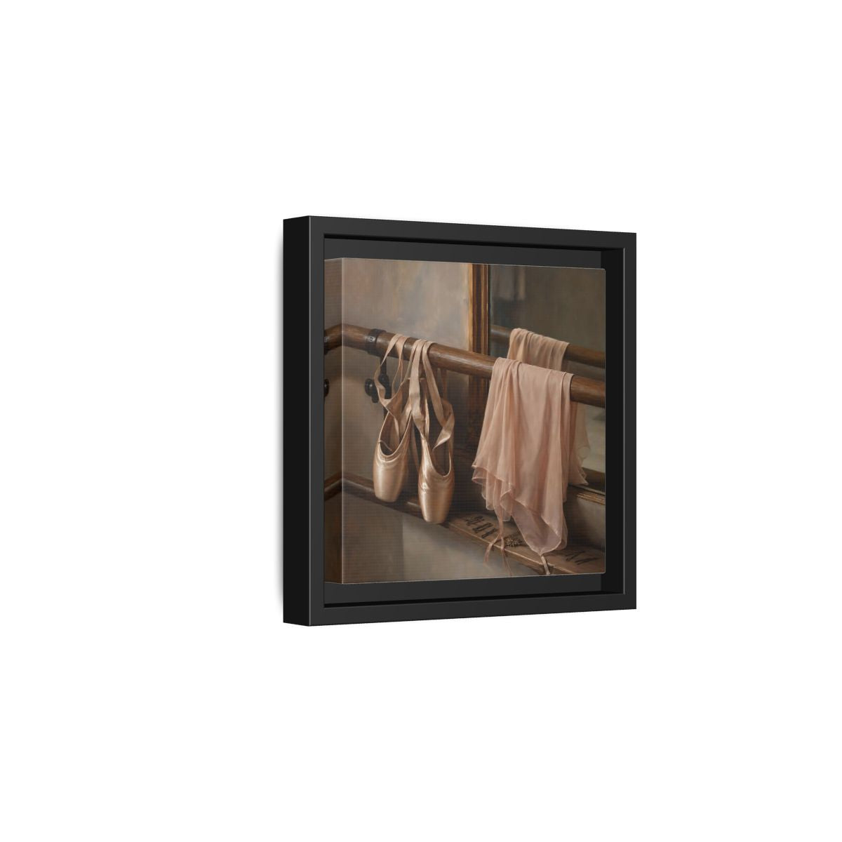 Side Mockup 3. Pointe Shoes At The Barre shown as framed canvas print