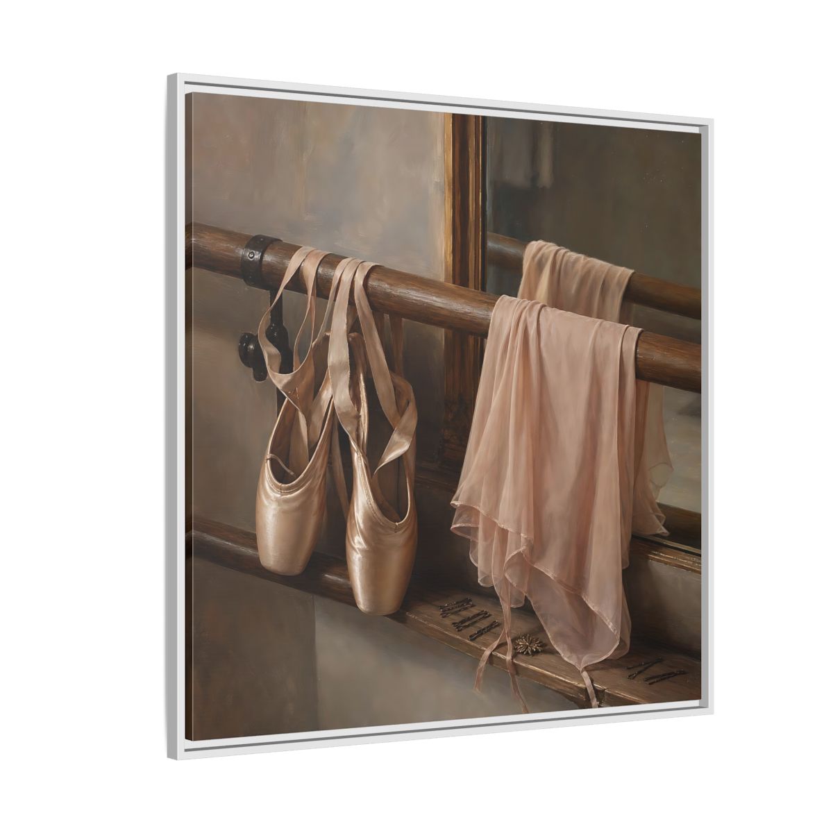 Side Mockup 4. Pointe Shoes At The Barre shown as framed canvas print