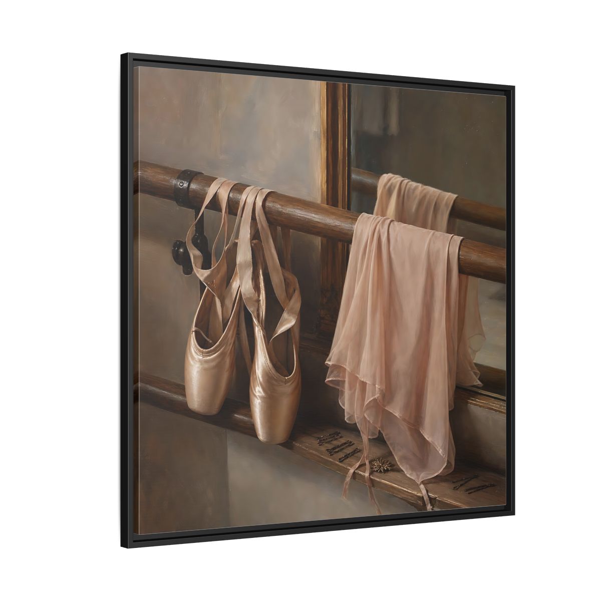 Side Mockup 6. Pointe Shoes At The Barre shown as framed canvas print