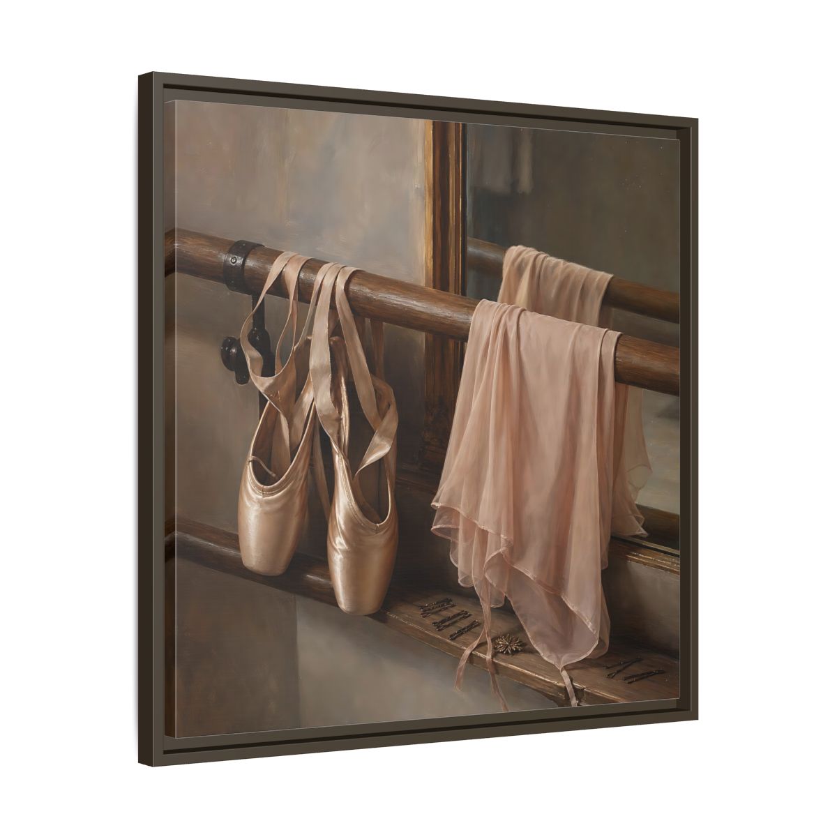 Side Mockup 27. Pointe Shoes At The Barre shown as framed canvas print