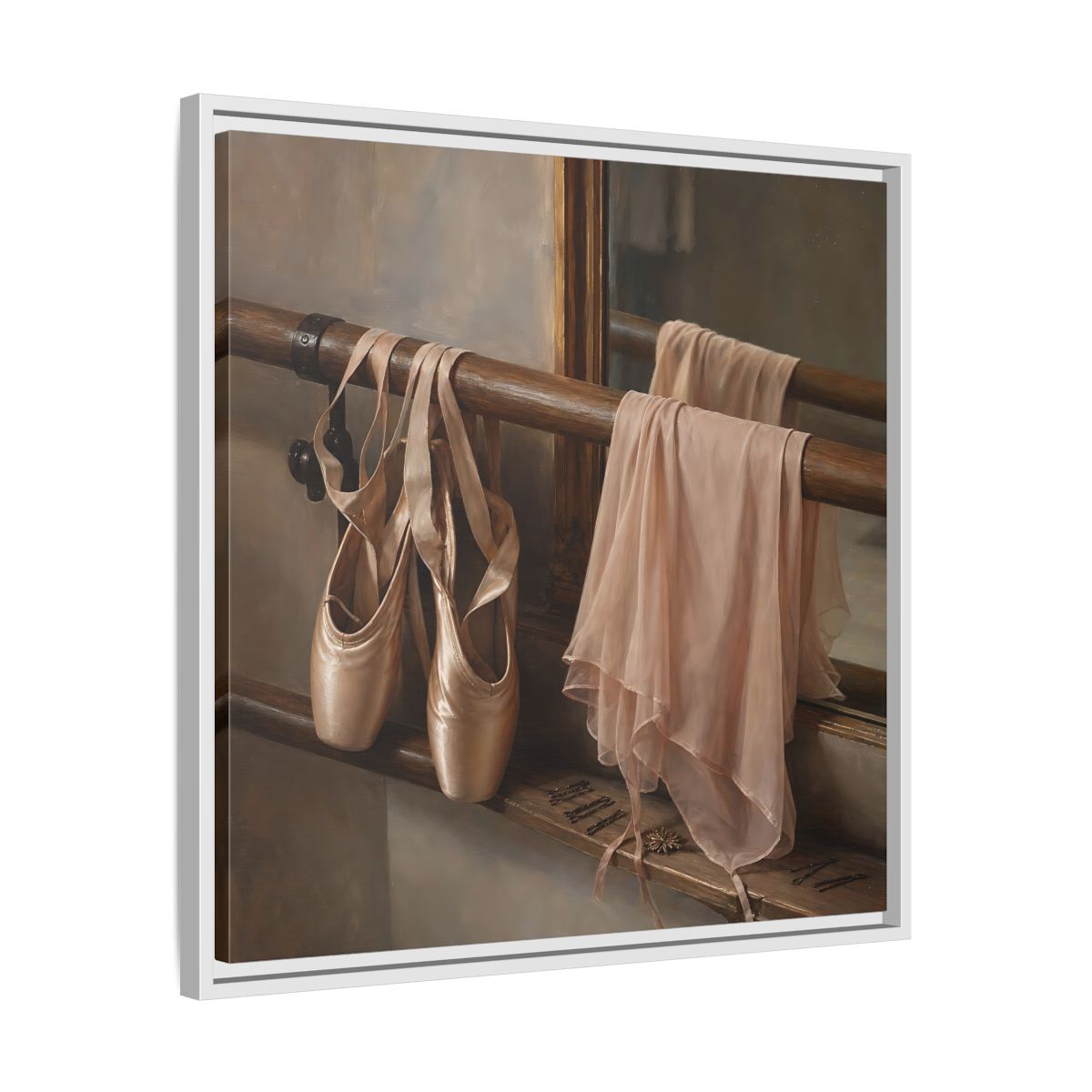 Side Mockup 26. Pointe Shoes At The Barre shown as framed canvas print