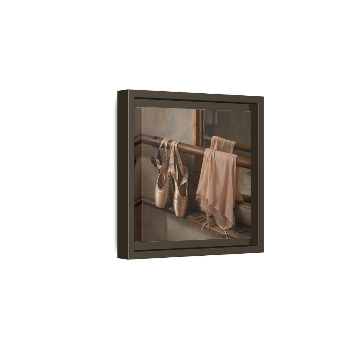 Side Mockup 2. Pointe Shoes At The Barre shown as framed canvas print