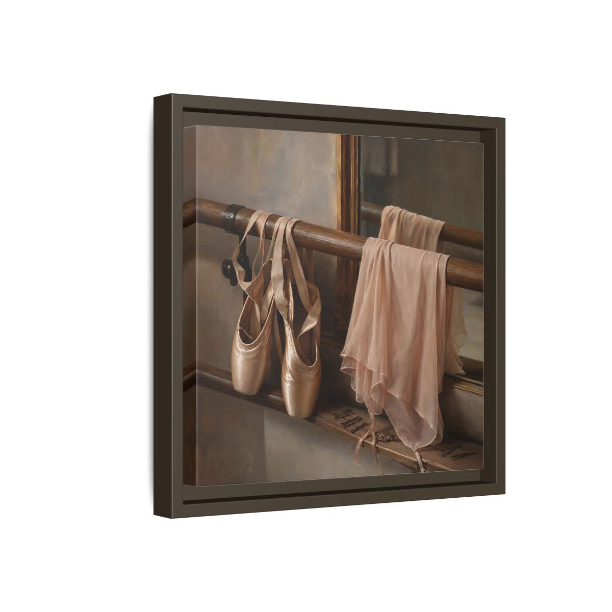 Side Mockup 17. Pointe Shoes At The Barre shown as framed canvas print
