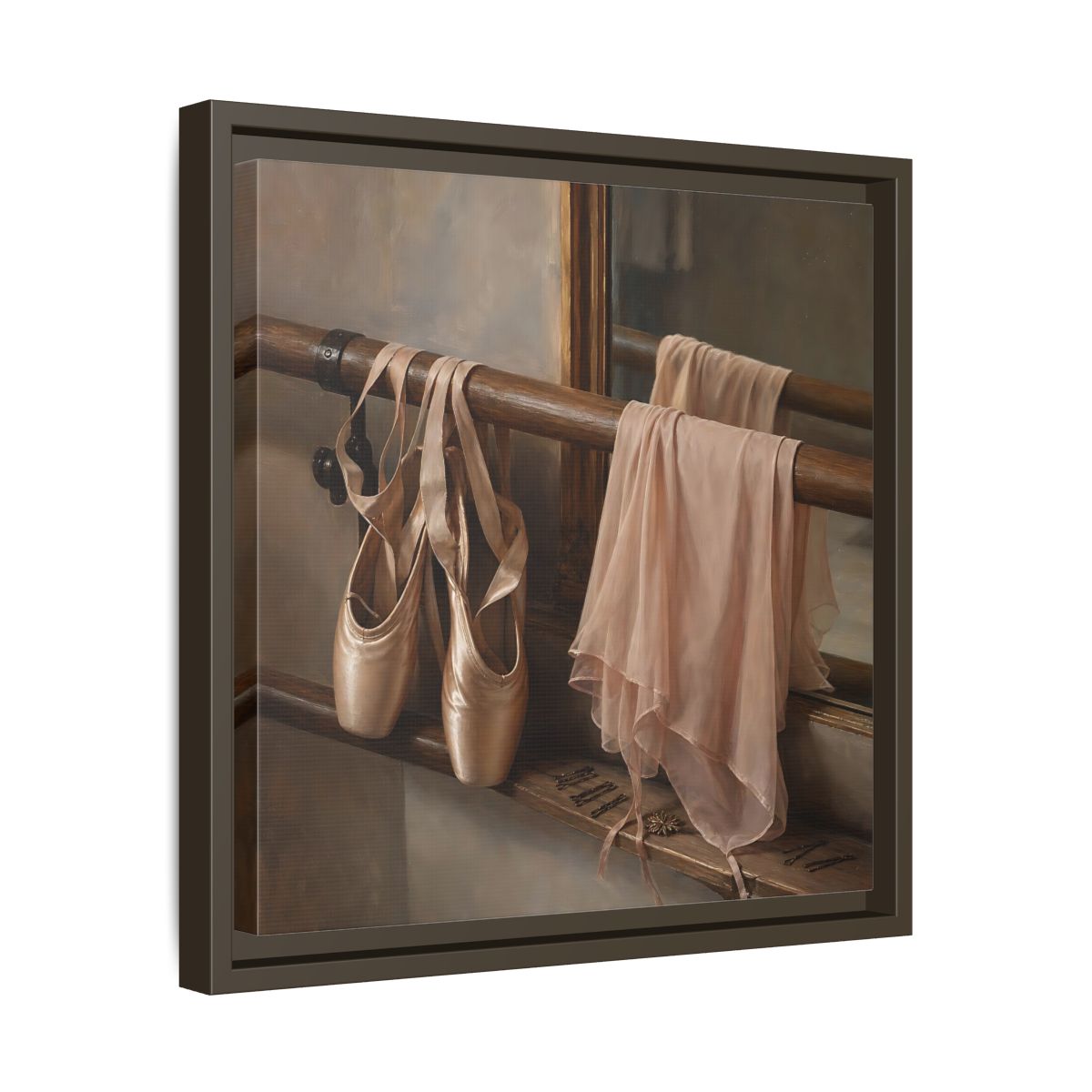 Side Mockup 29. Pointe Shoes At The Barre shown as framed canvas print