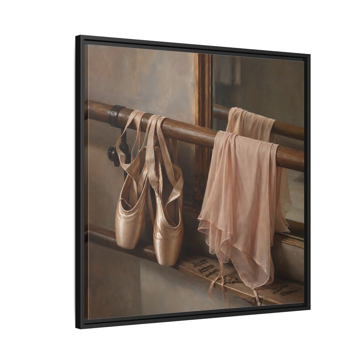 Side Mockup 9. Pointe Shoes At The Barre shown as framed canvas print