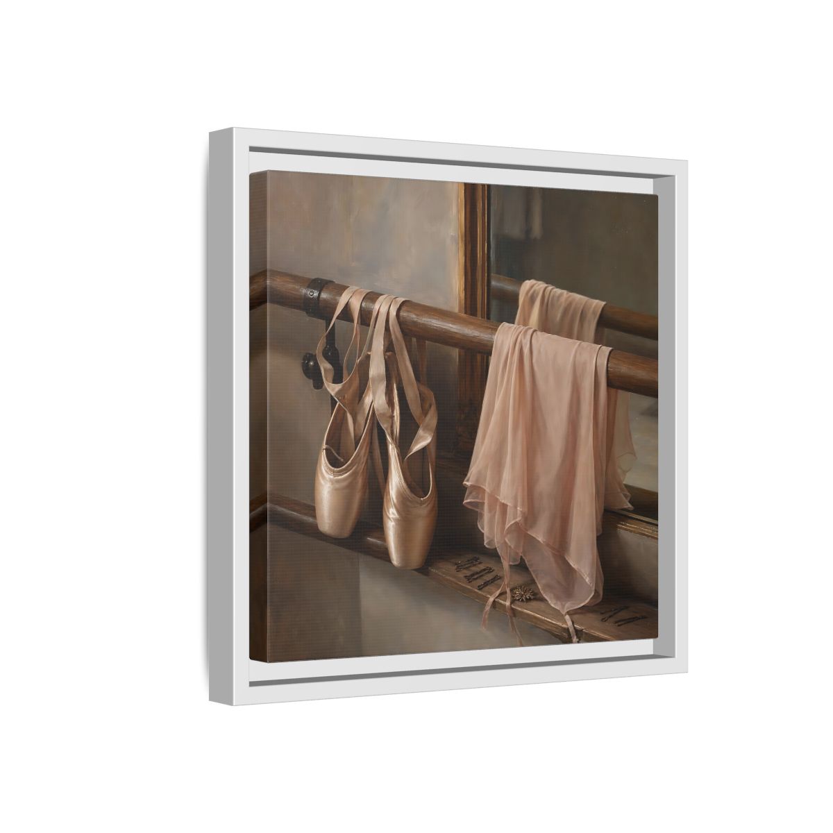 Side Mockup 16. Pointe Shoes At The Barre shown as framed canvas print