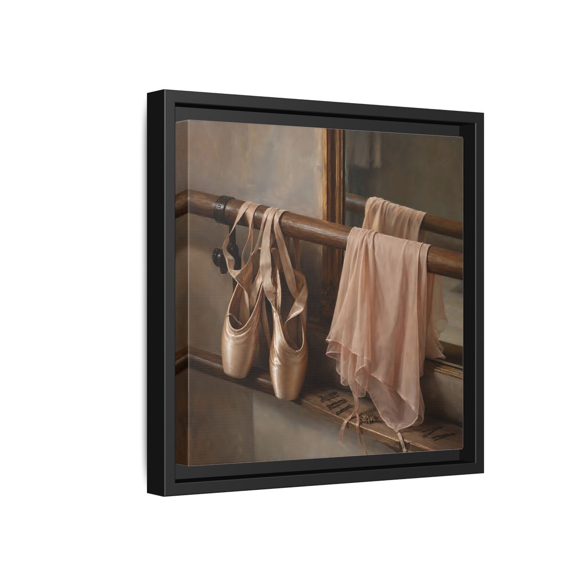 Side Mockup 18. Pointe Shoes At The Barre shown as framed canvas print
