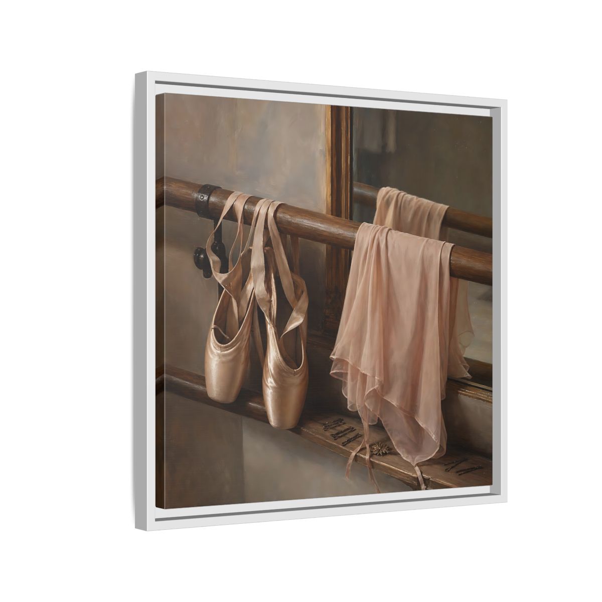 Side Mockup 10. Pointe Shoes At The Barre shown as framed canvas print
