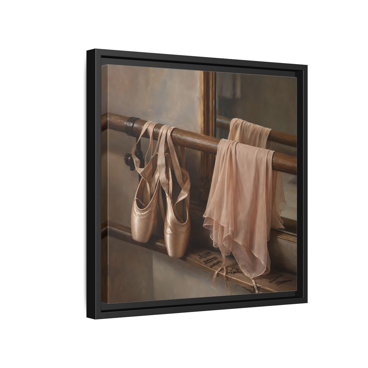 Side Mockup 15. Pointe Shoes At The Barre shown as framed canvas print