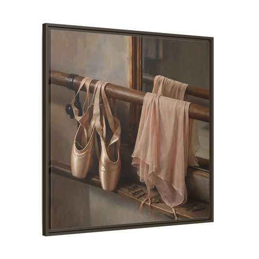 Main Mockup. Pointe Shoes At The Barre shown as framed canvas print