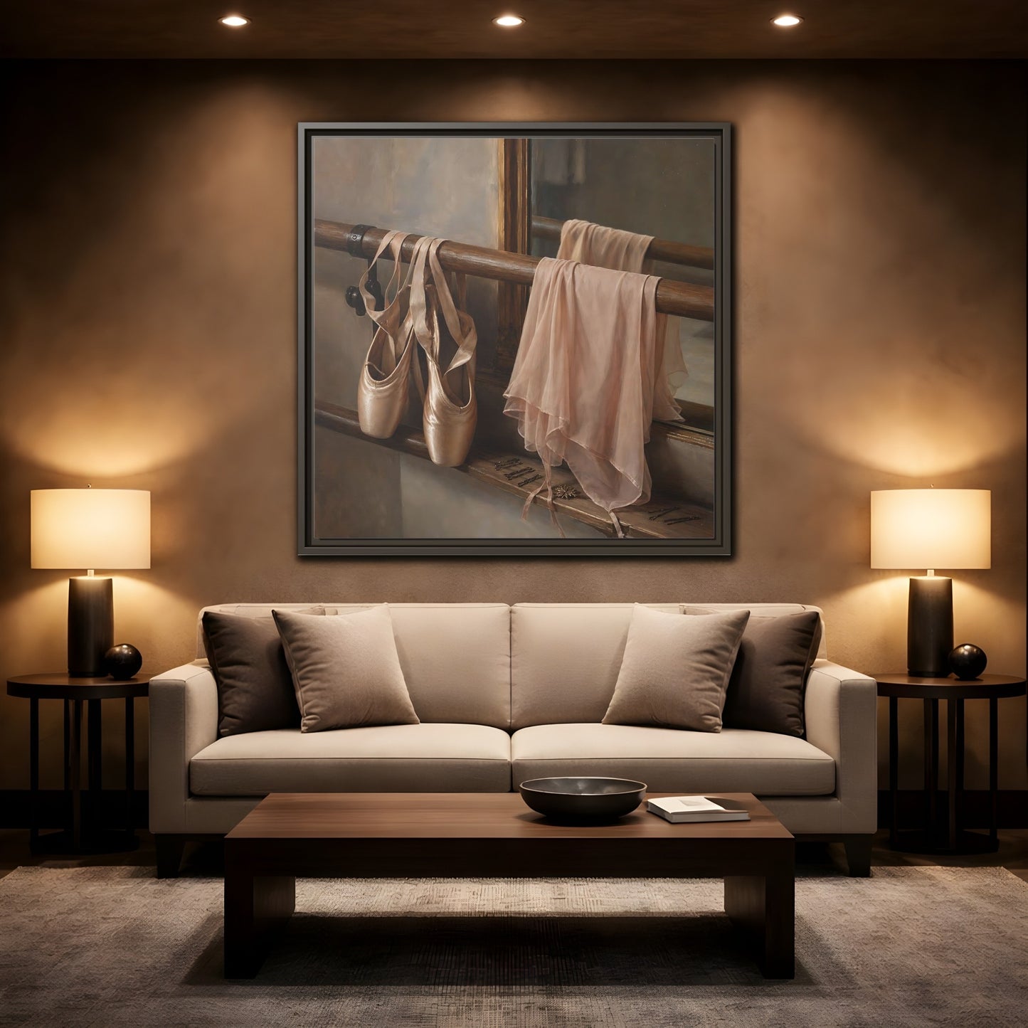Mockup 2. Pointe Shoes At The Barre shown as framed canvas print