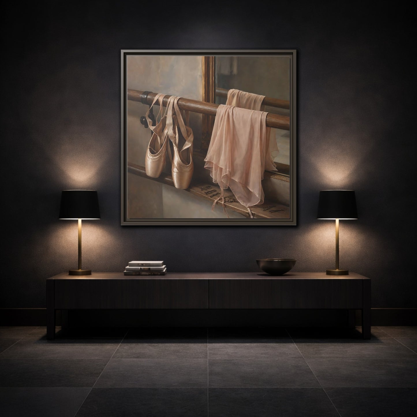 Mockup 3. Pointe Shoes At The Barre shown as framed canvas print
