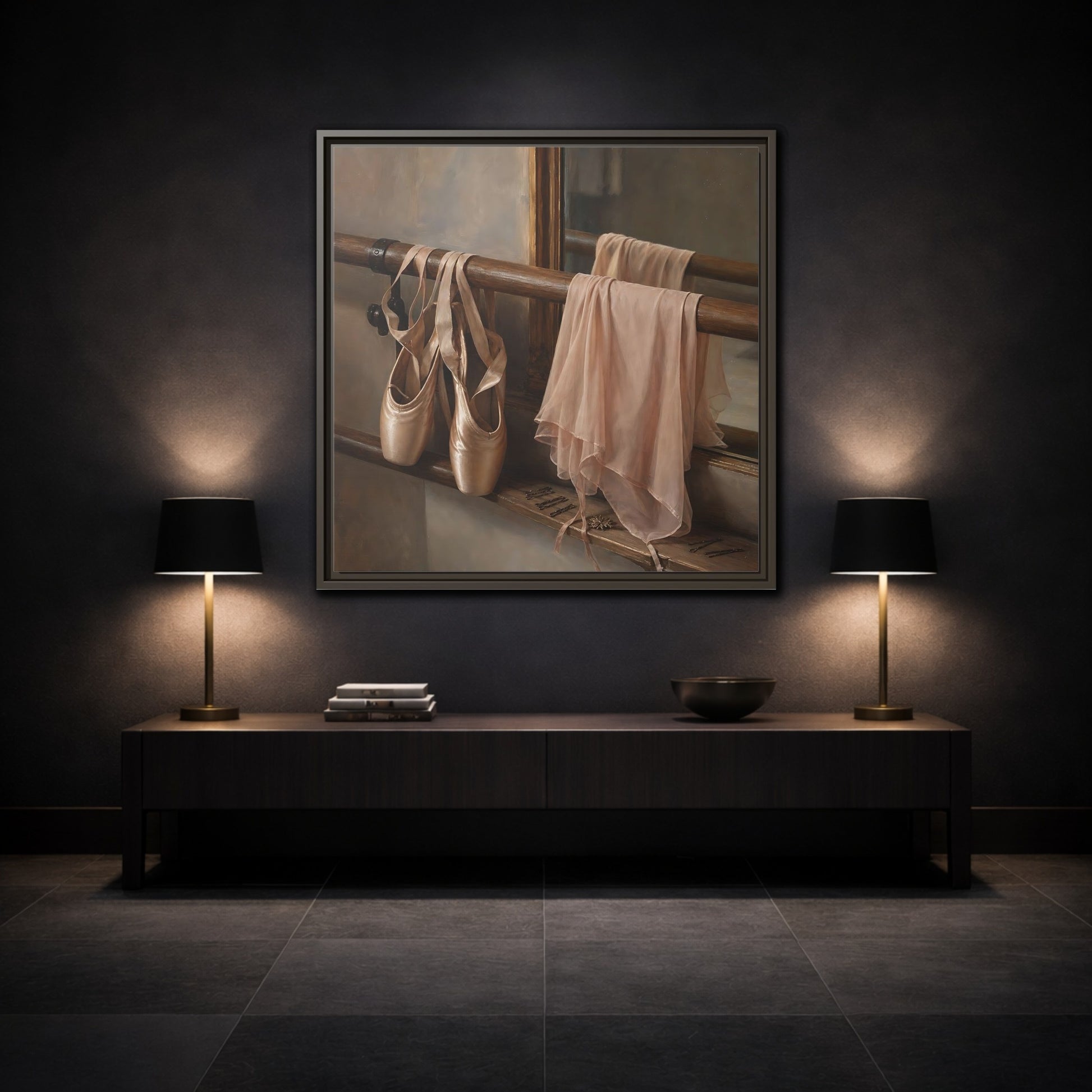 Mockup 3. Pointe Shoes At The Barre shown as framed canvas print
