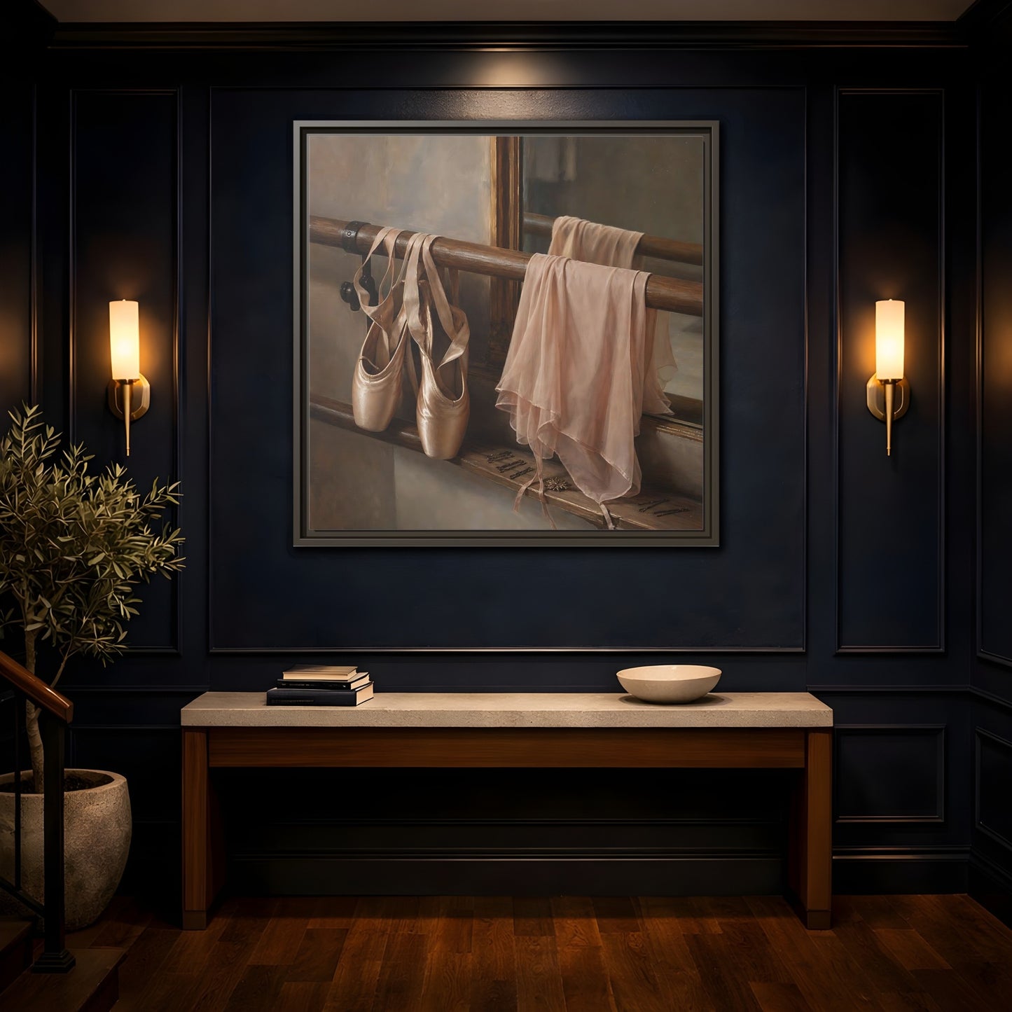 Mockup 4. Pointe Shoes At The Barre shown as framed canvas print