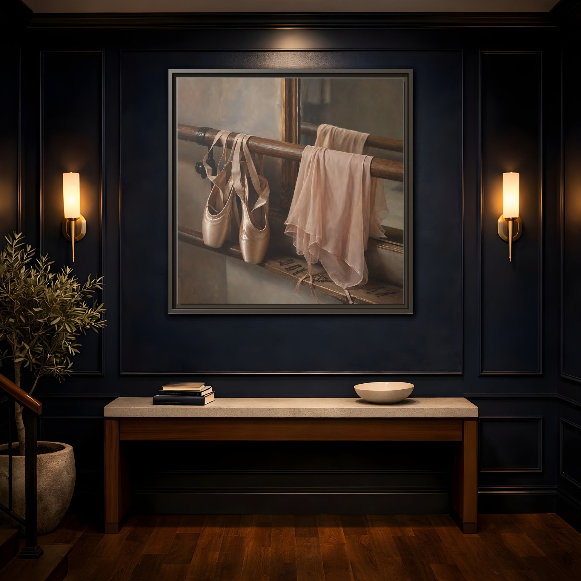 Mockup 4. Pointe Shoes At The Barre shown as framed canvas print