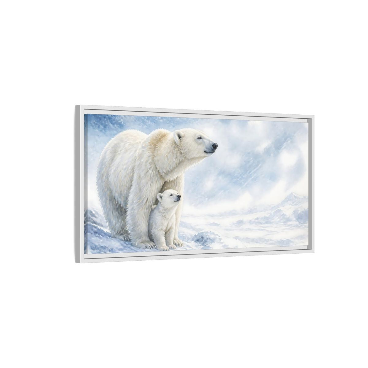 Side Mockup 1. Polar Bear Animals Mother And Cub shown as framed canvas print