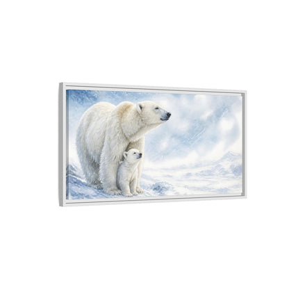 Side Mockup 1. Polar Bear Animals Mother And Cub shown as framed canvas print