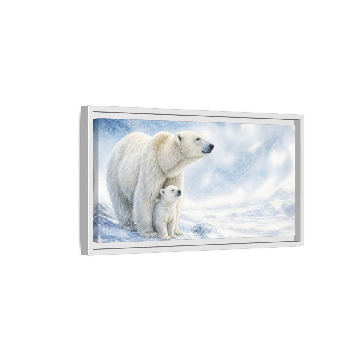 Side Mockup 6. Polar Bear Animals Mother And Cub shown as framed canvas print