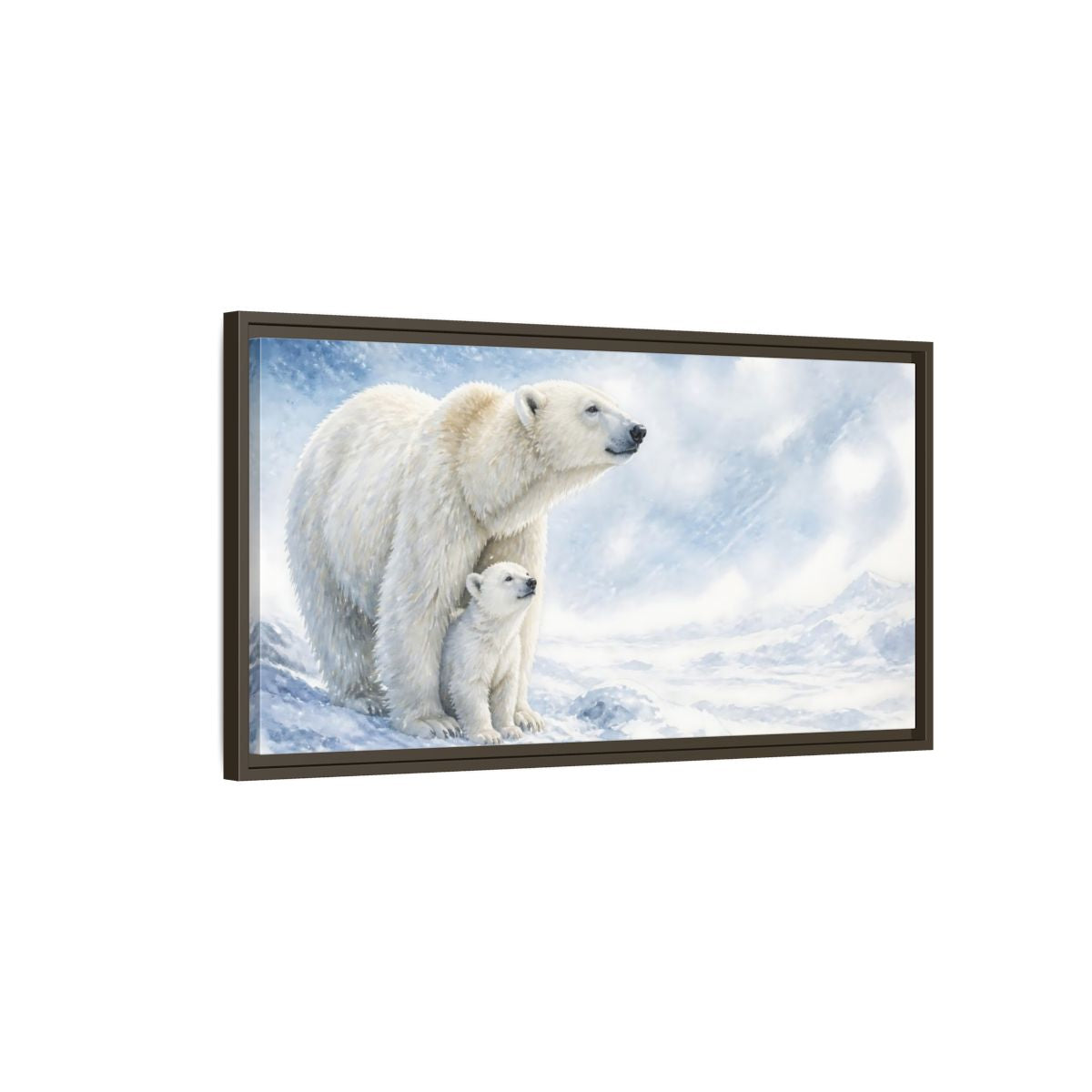 Main Mockup. Polar Bear Animals Mother And Cub shown as framed canvas print