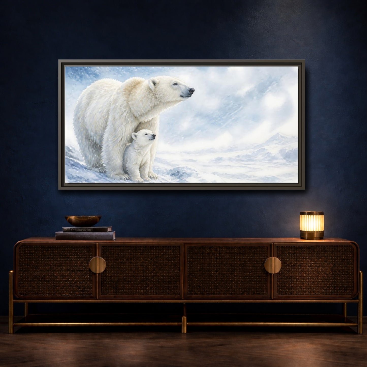 Mockup 4. Polar Bear Animals Mother And Cub shown as framed canvas print