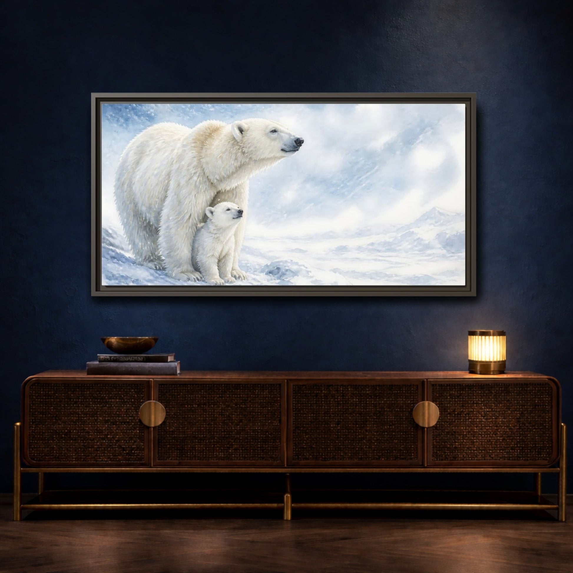 Mockup 4. Polar Bear Animals Mother And Cub shown as framed canvas print