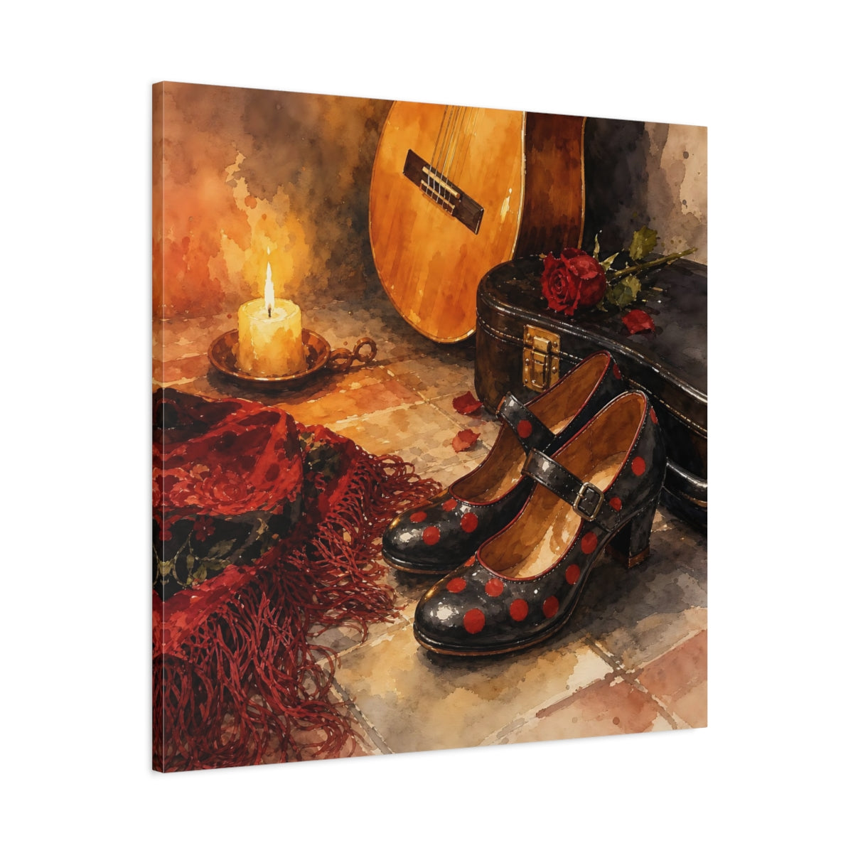 Main Mockup. Polka-Dot Shoes And Guitar shown as canvas print