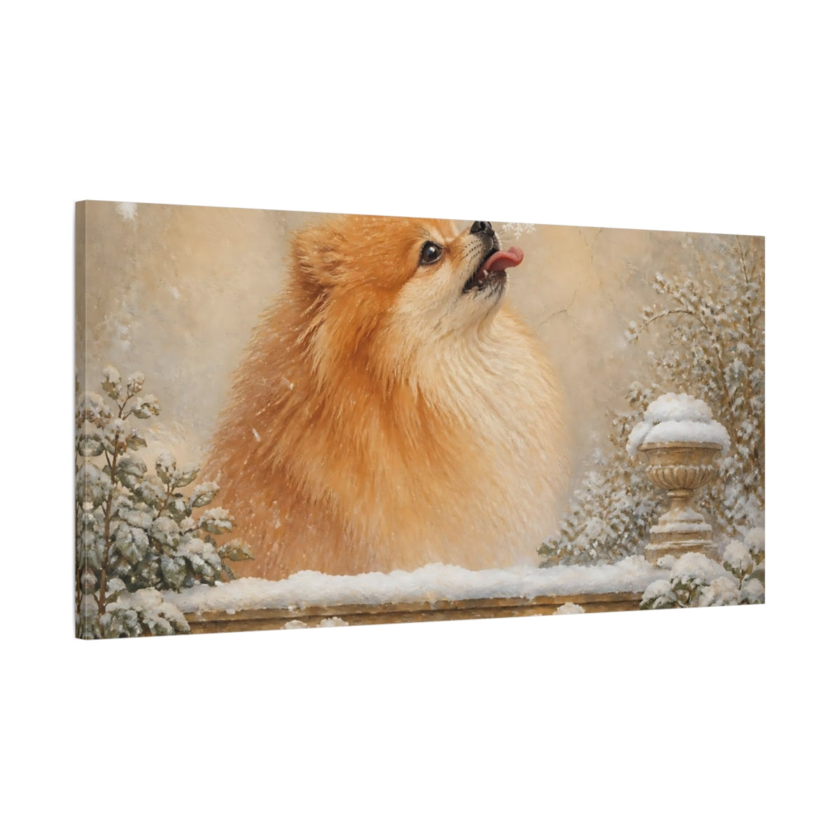 Main Mockup. Pomeranian Pets Snowflake shown as canvas print