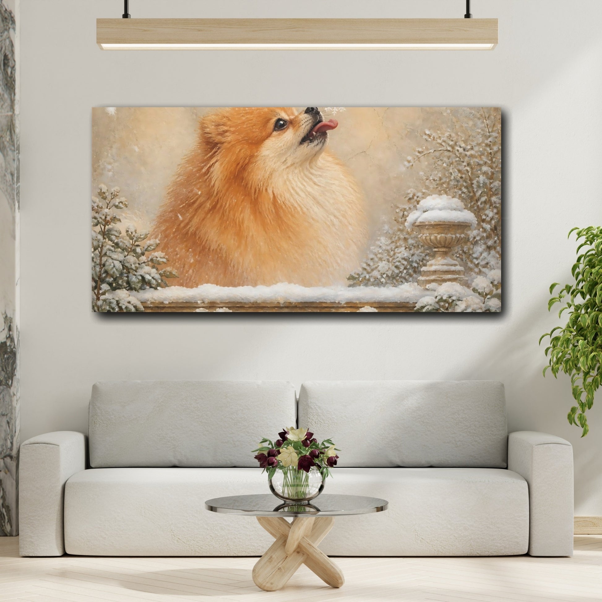 Mockup 2. Pomeranian Pets Snowflake shown as canvas print