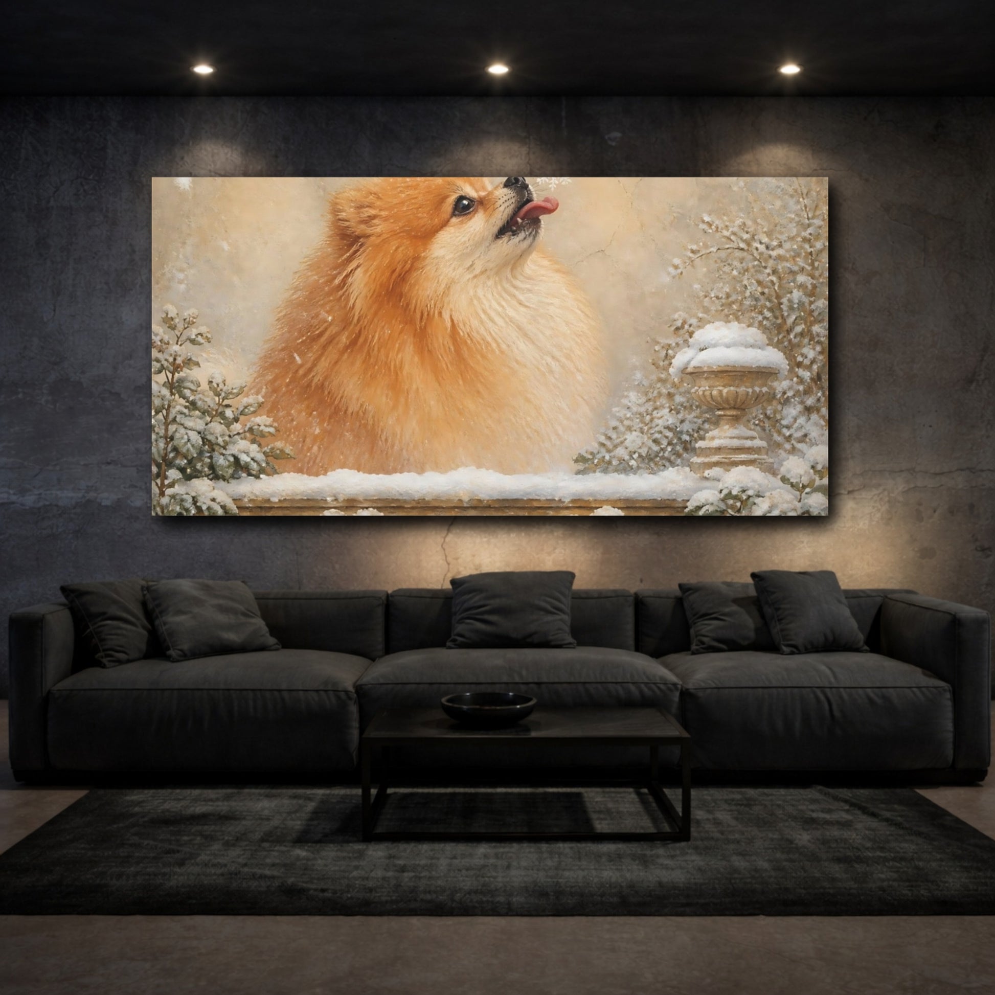 Mockup 3. Pomeranian Pets Snowflake shown as canvas print