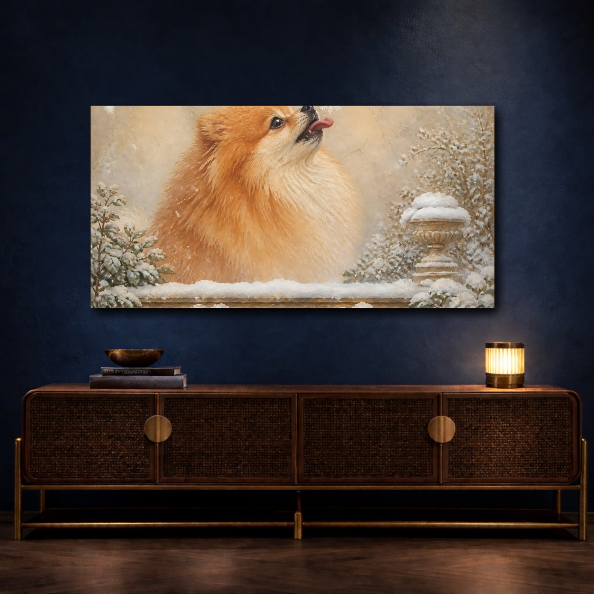 Mockup 4. Pomeranian Pets Snowflake shown as canvas print