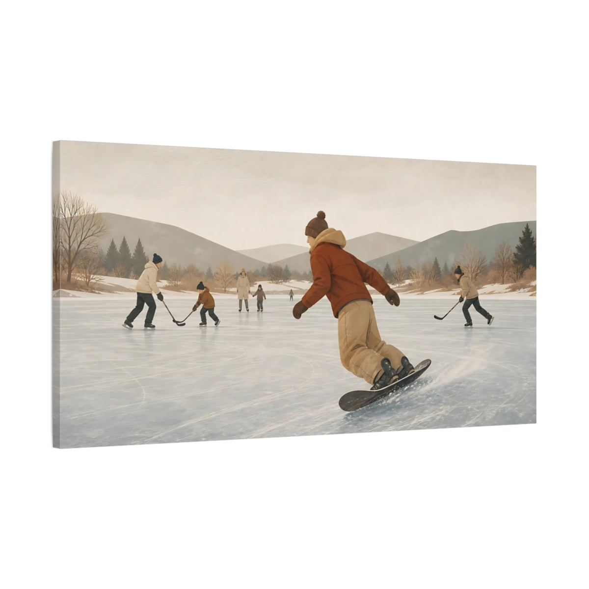 Main Mockup. Pond Hockey On Frozen Lake shown as canvas print