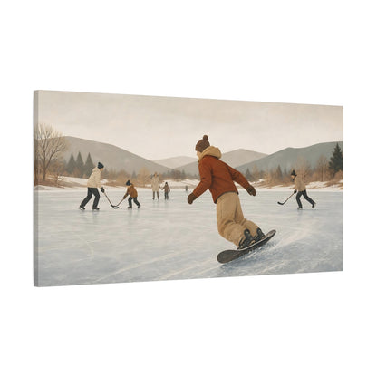 Main Mockup. Pond Hockey On Frozen Lake shown as canvas print